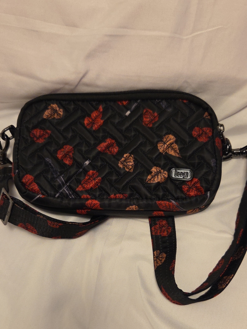 Lug Coupe Xl Crossbody with Red and Tan Leave Print
